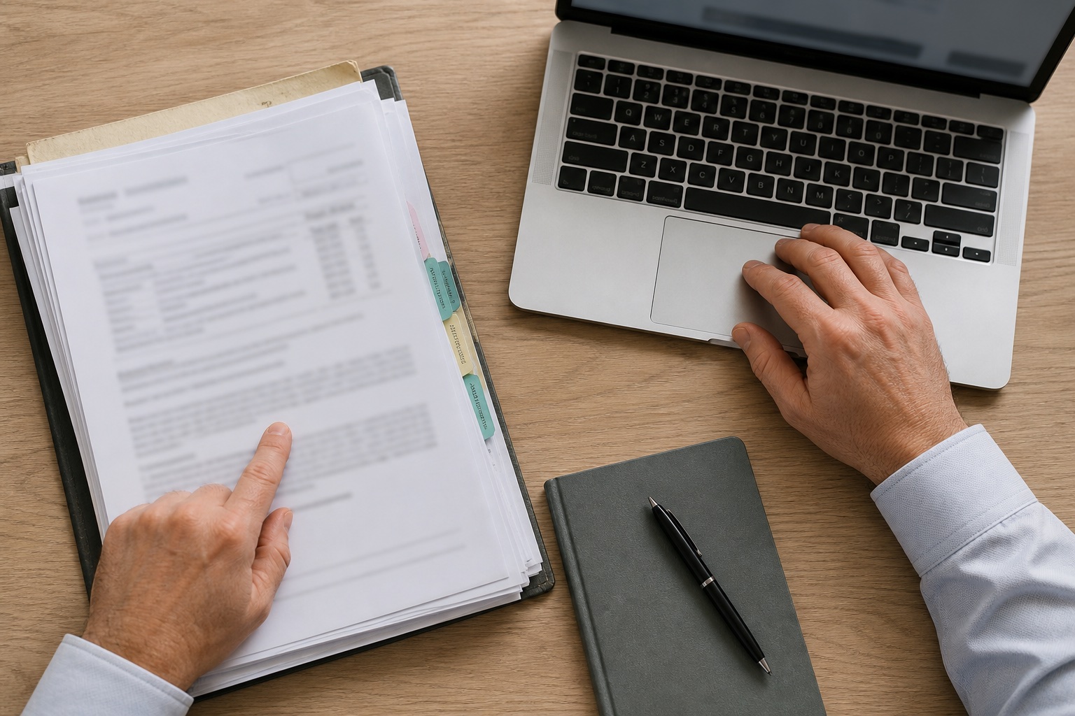 Medical records being reviewed beside a laptop